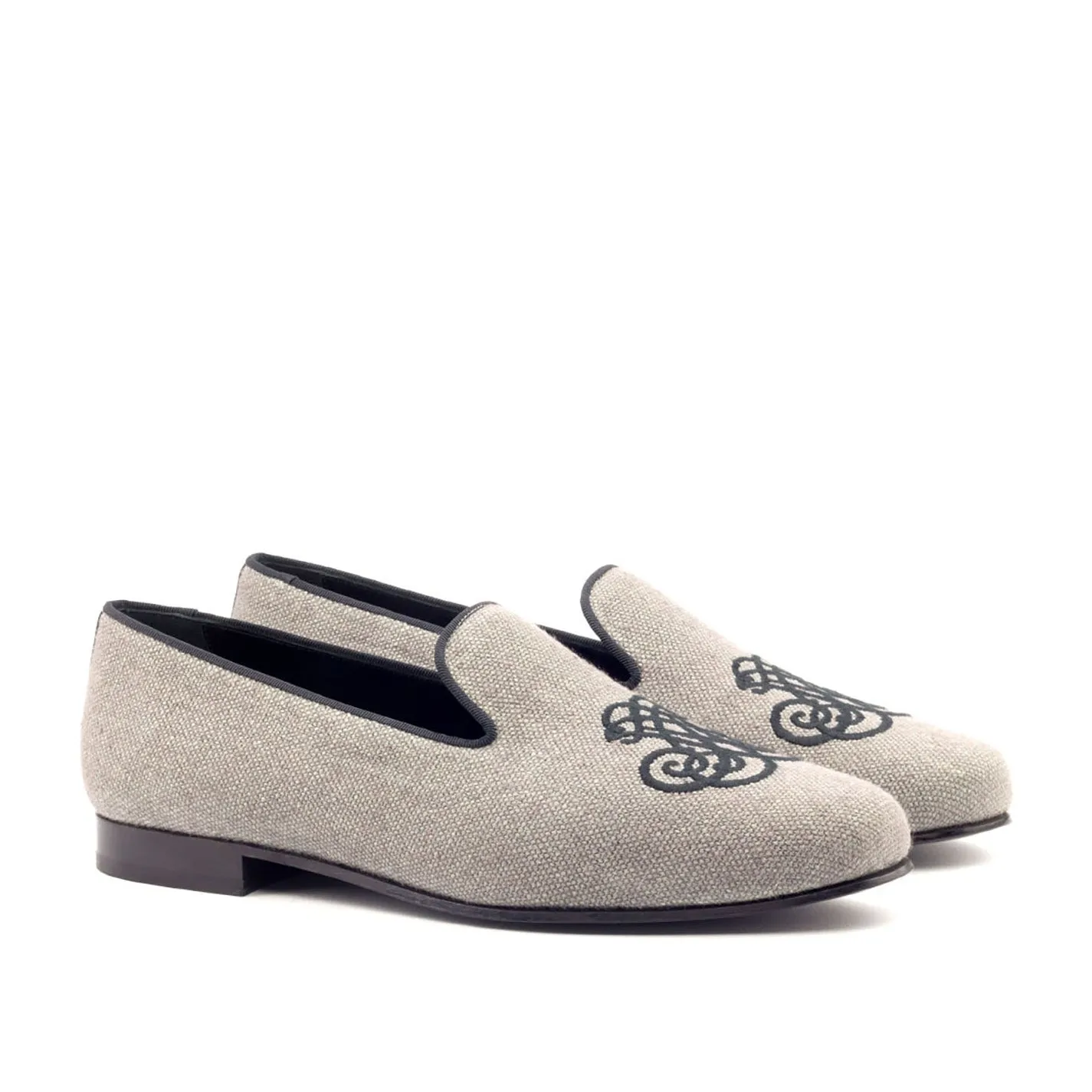 Ambrogio Bespoke Men's Handmade Custom Made Shoes Gray & Black Linen Fabric Wellington Loafers (AMB1320)