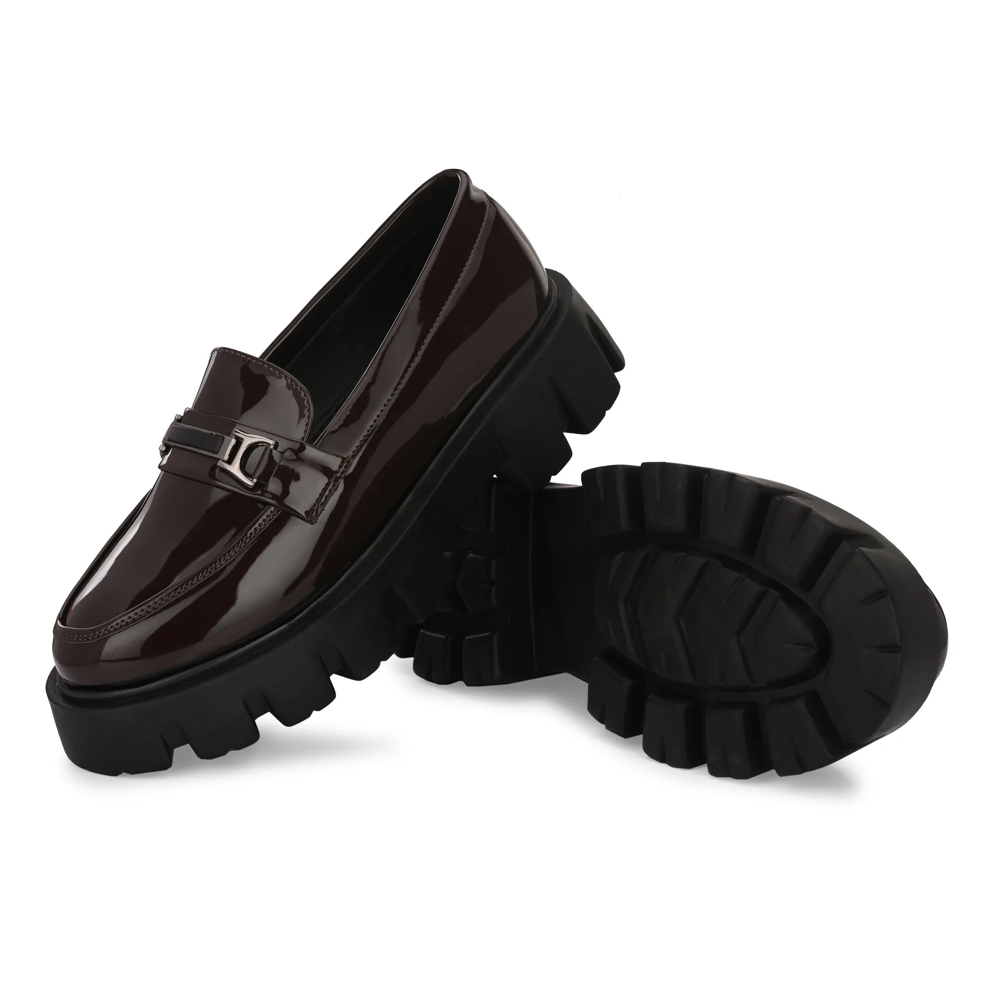 Attitudist Unisex Brown Super Glossy Horsbit High Heel Slip-On Shoes