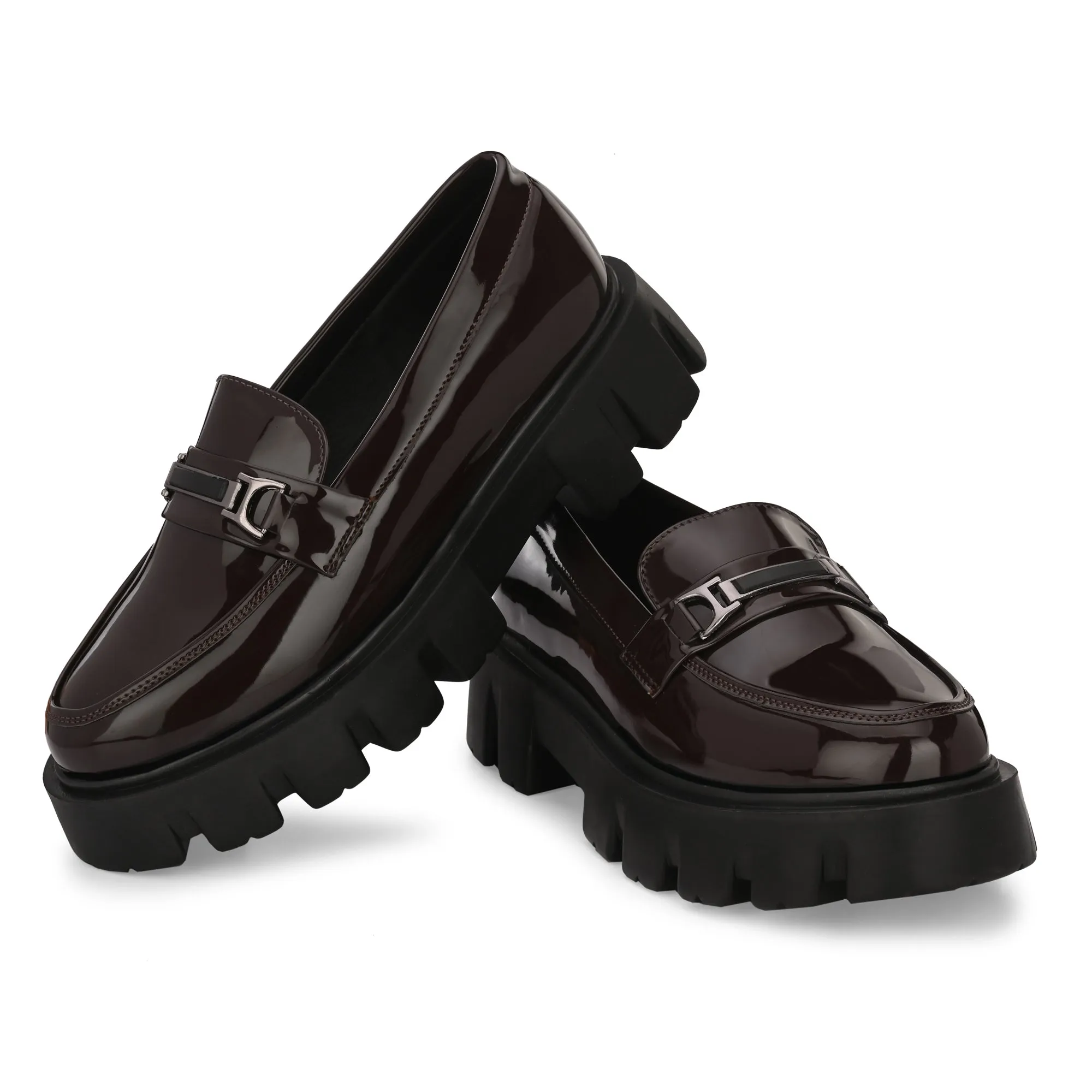 Attitudist Unisex Brown Super Glossy Horsbit High Heel Slip-On Shoes