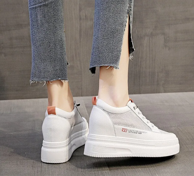 Autumn Women's Genuine Leather Height Increased 8.5cm Wedge Sneakers