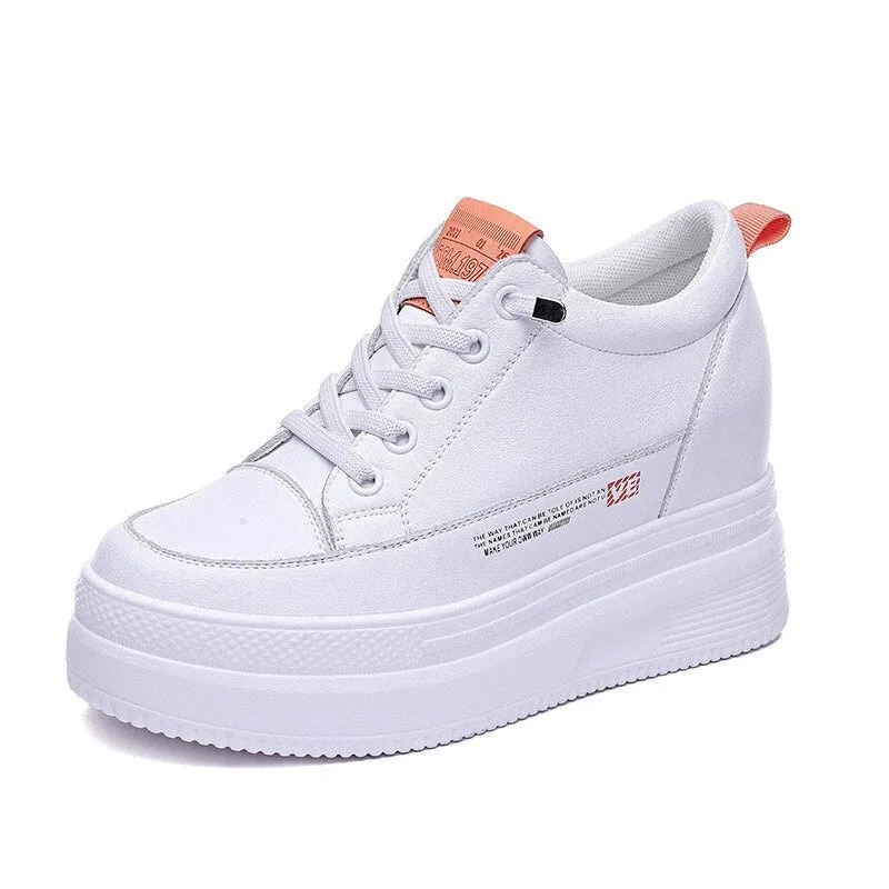 Autumn Women's Genuine Leather Height Increased 8.5cm Wedge Sneakers