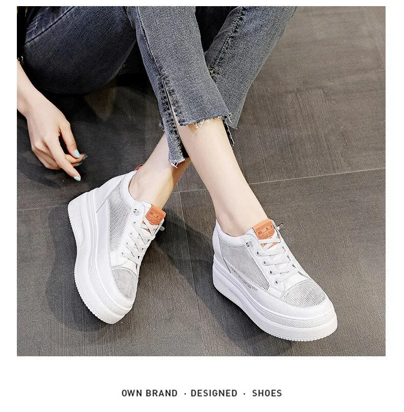 Autumn Women's Genuine Leather Height Increased 8.5cm Wedge Sneakers