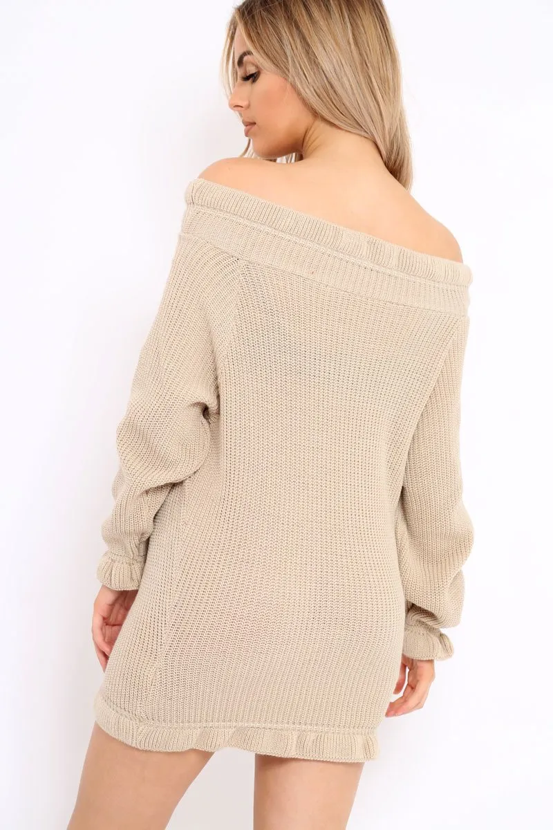 Beige Knitted Bardot Jumper Dress with Elasticated hems - Kirsty