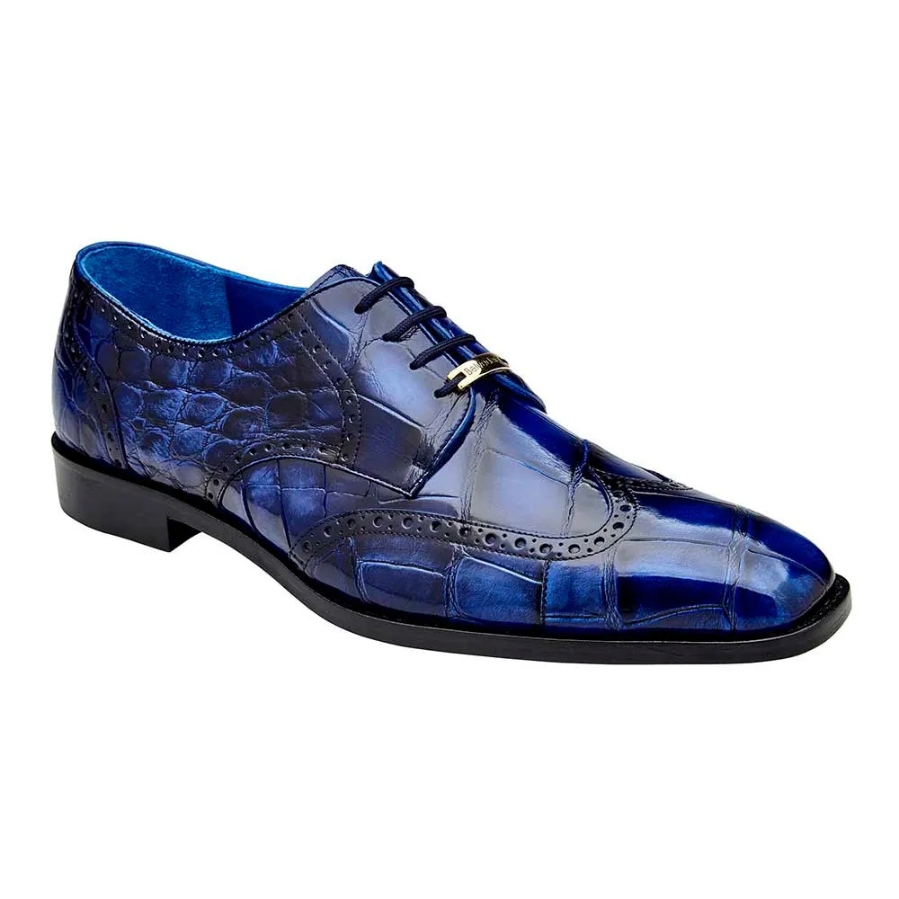 Belvedere Santo Men's Derby Oxford Antique Blue Allure Alligator Wingtip Shoes