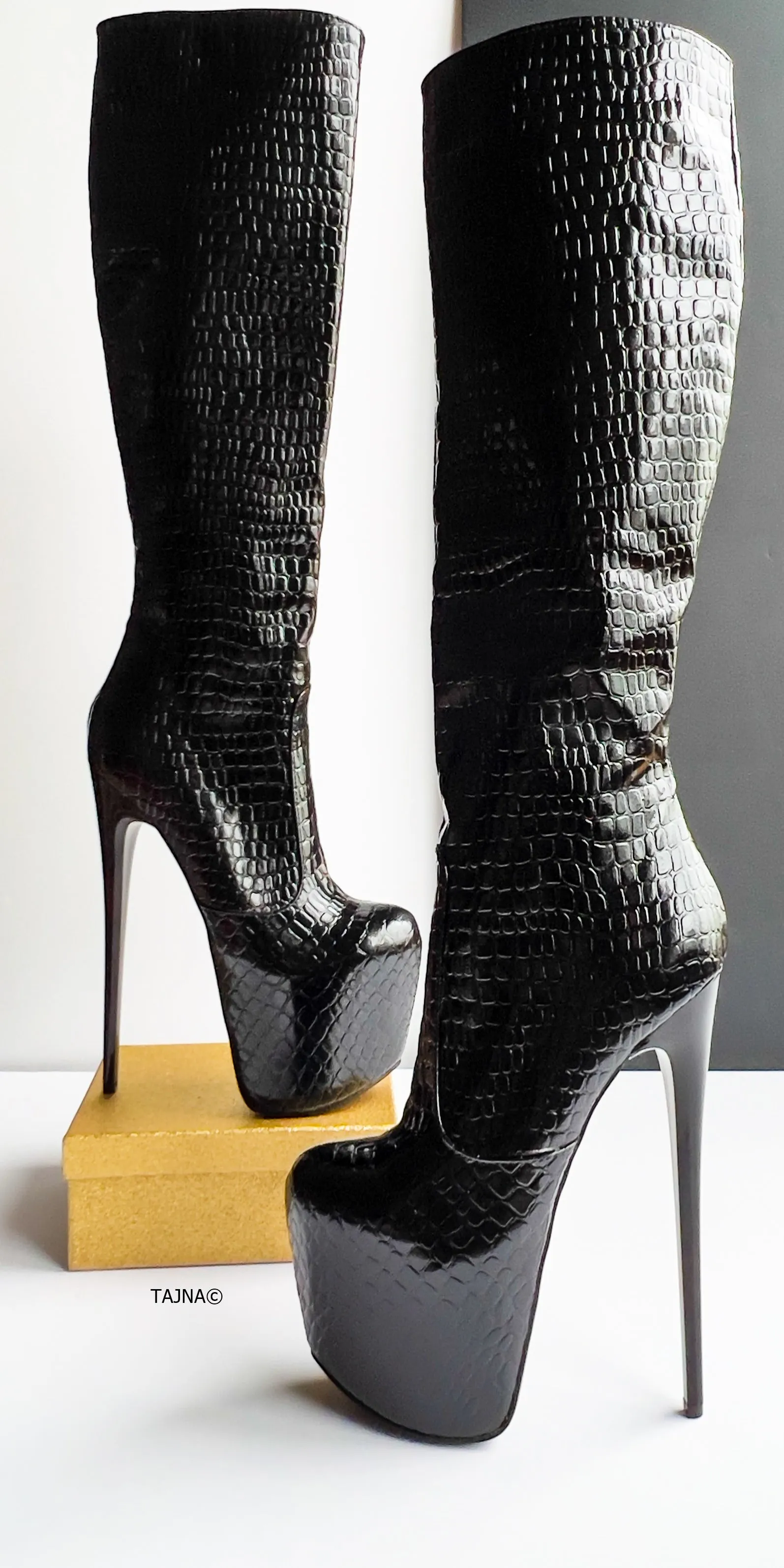 Black Croco Mid Calf High Heel Boots  Tajna Club