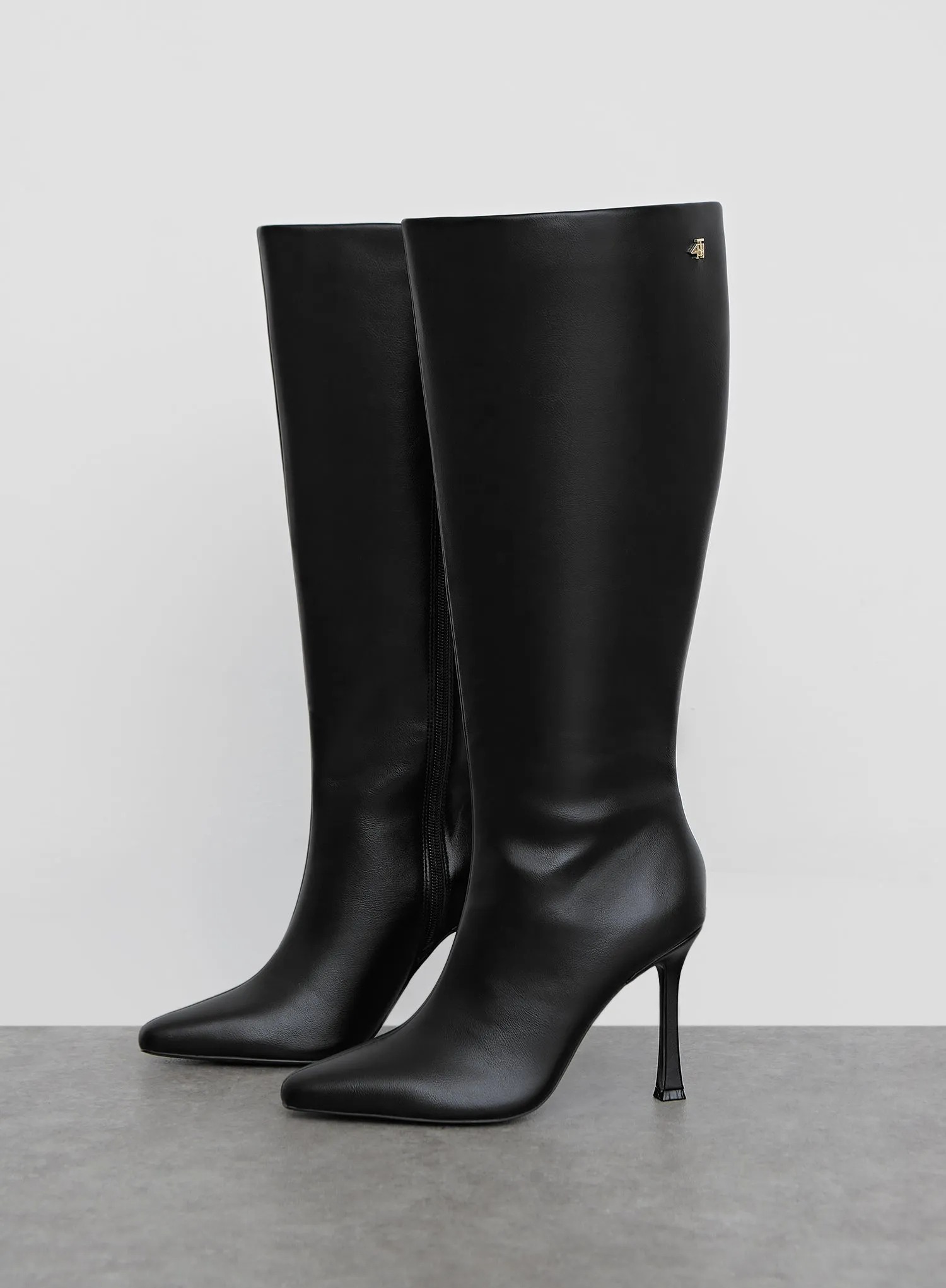 Black Faux Leather Knee High Heeled Boot - Amelie