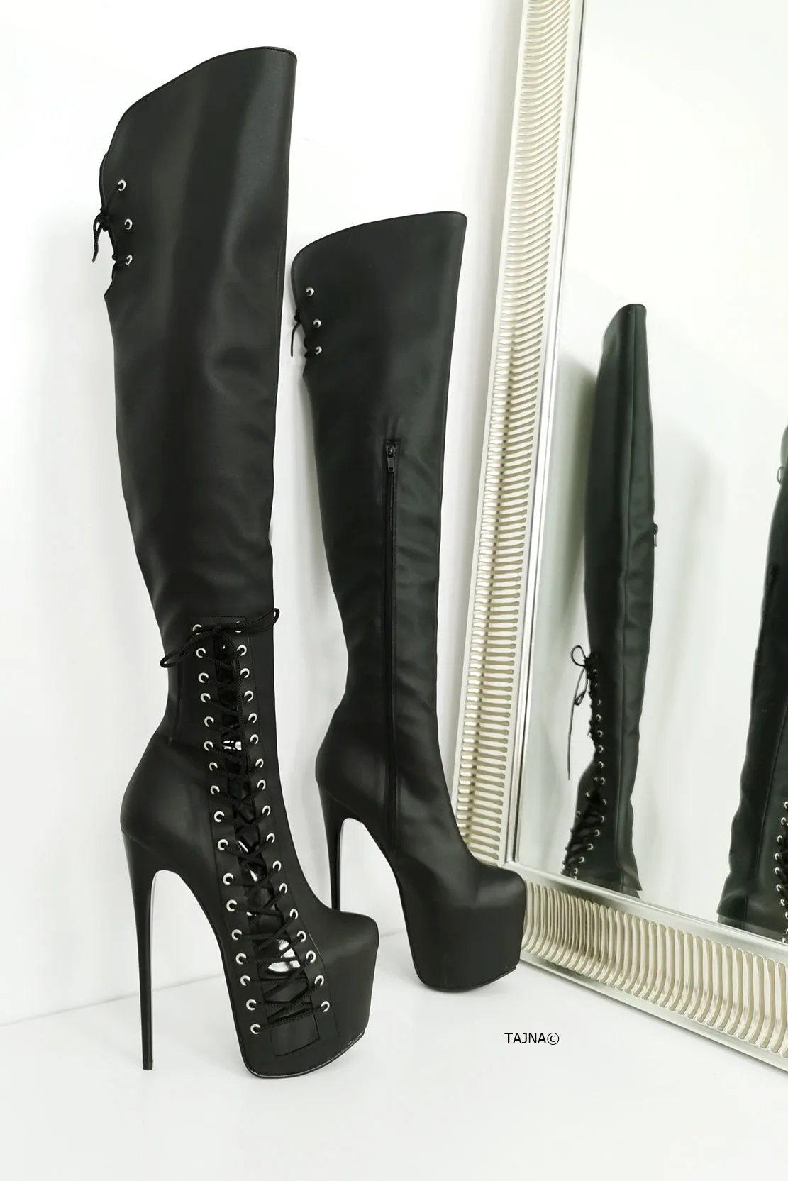 Black Matte Corset Knee High Boots