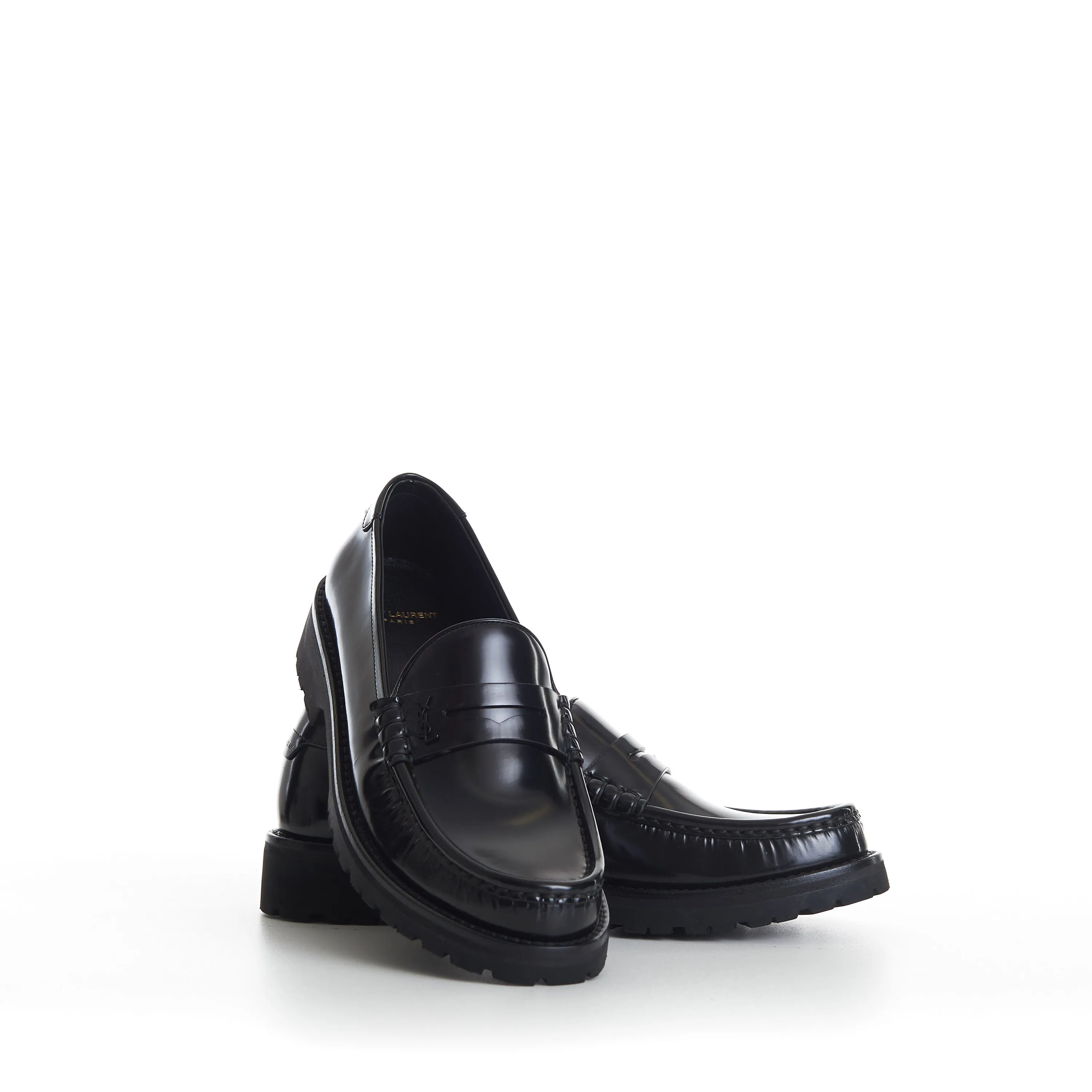 Black Penny Loafers - Chunky Sole, Glazed Leather, YSL Cassandre