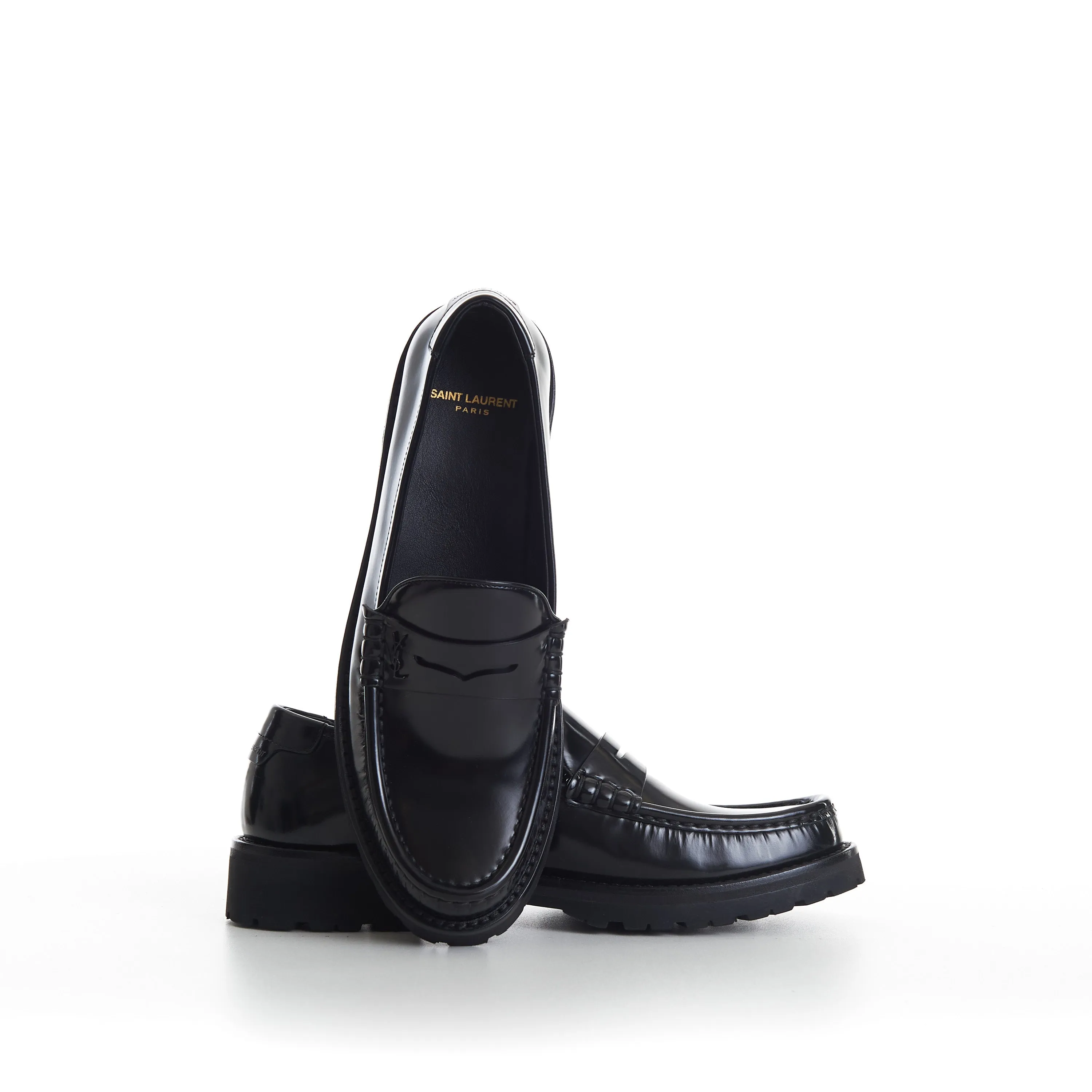 Black Penny Loafers - Chunky Sole, Glazed Leather, YSL Cassandre