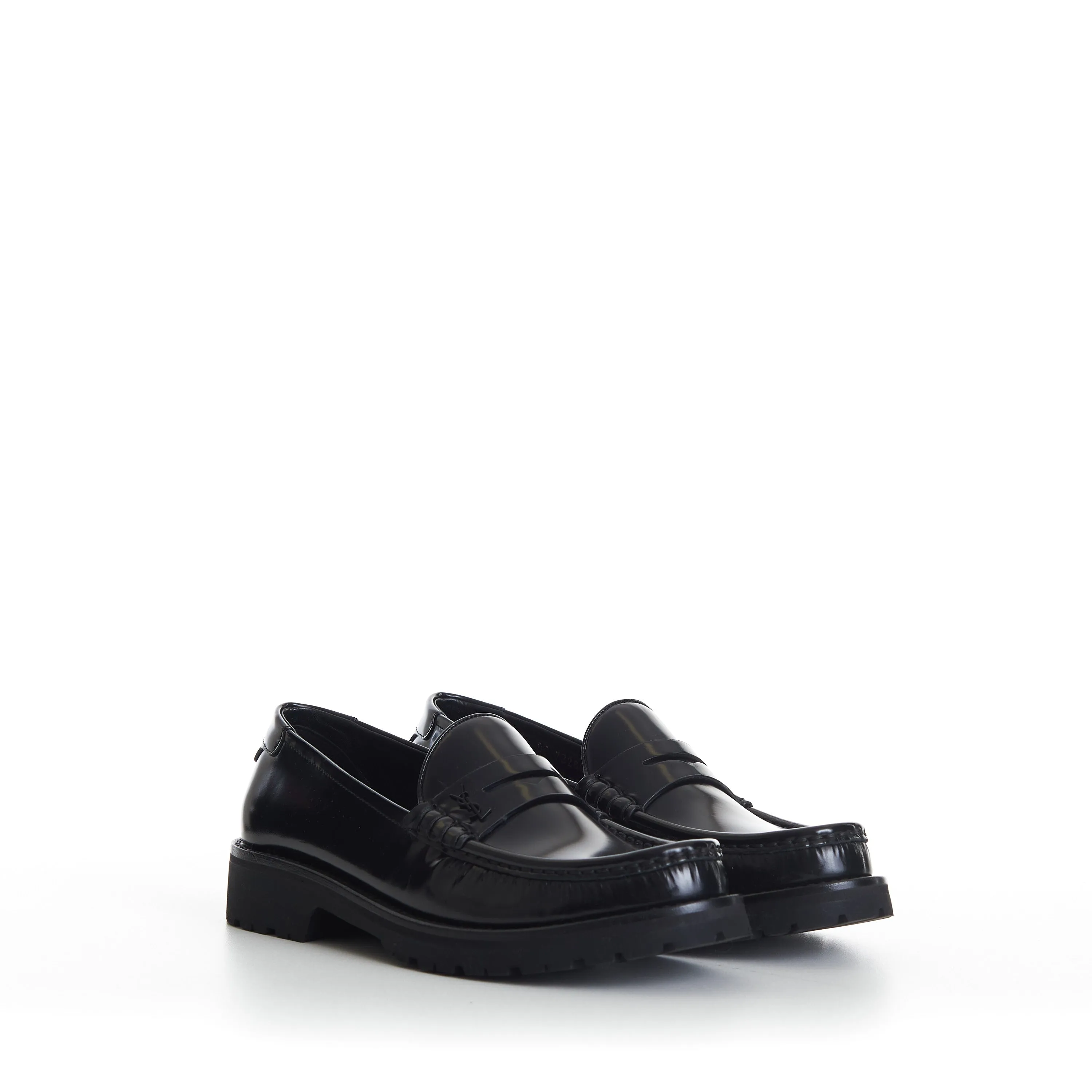 Black Penny Loafers - Chunky Sole, Glazed Leather, YSL Cassandre