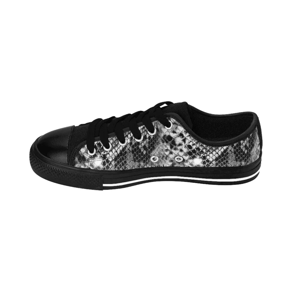 Black Snake Print Men's Sneakers, Designer Snakeskin Python Print Low Top Shoes For Men