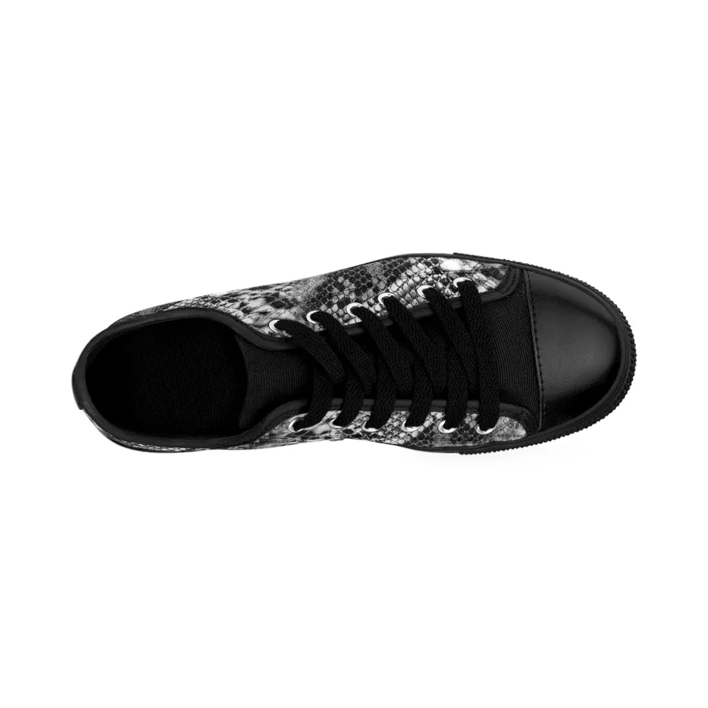 Black Snake Print Men's Sneakers, Designer Snakeskin Python Print Low Top Shoes For Men