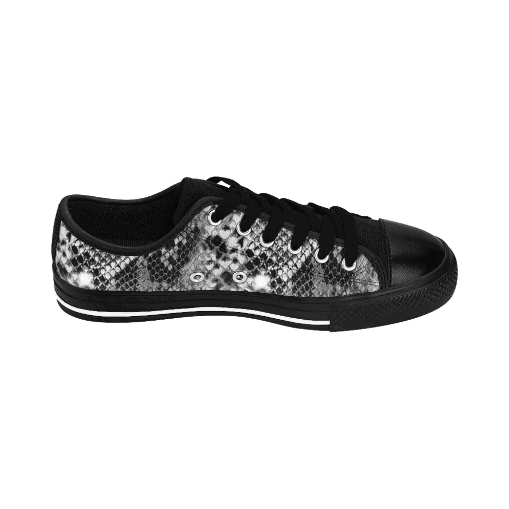 Black Snake Print Men's Sneakers, Designer Snakeskin Python Print Low Top Shoes For Men