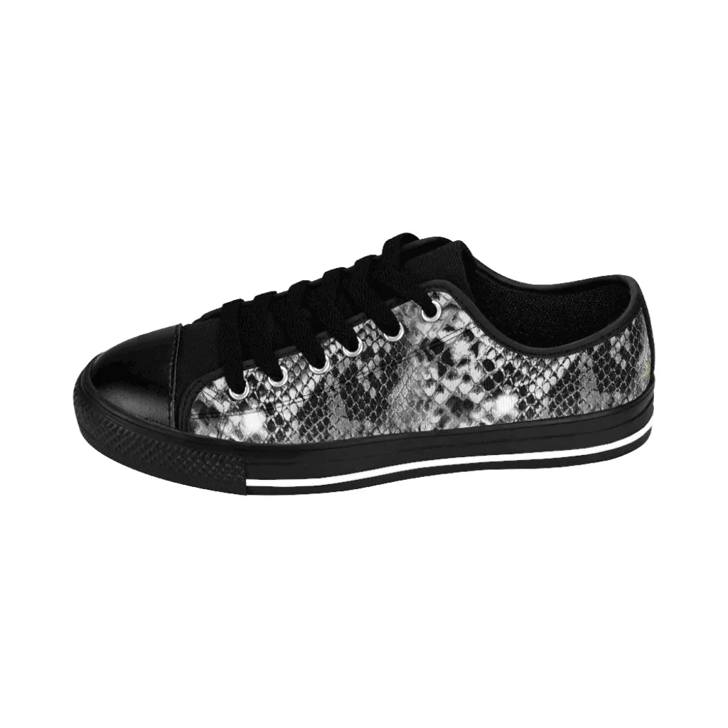 Black Snake Print Men's Sneakers, Designer Snakeskin Python Print Low Top Shoes For Men