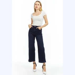 Blue Denim Wide Straight Ankle Jeans