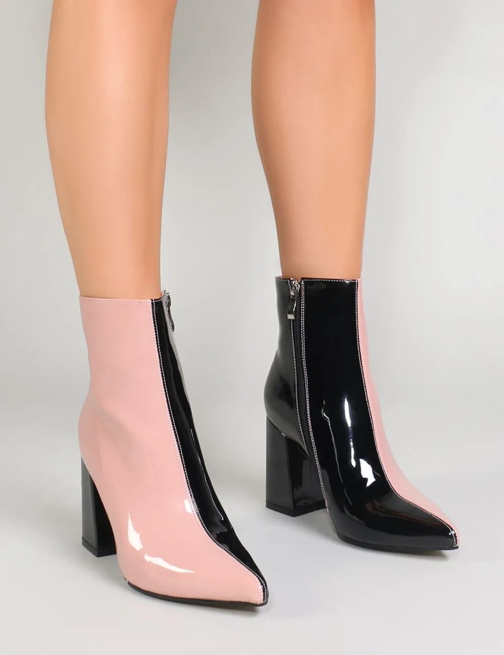 Chaos Two-Tone Pointed Toe Ankle Boots in Black and Pink Patent