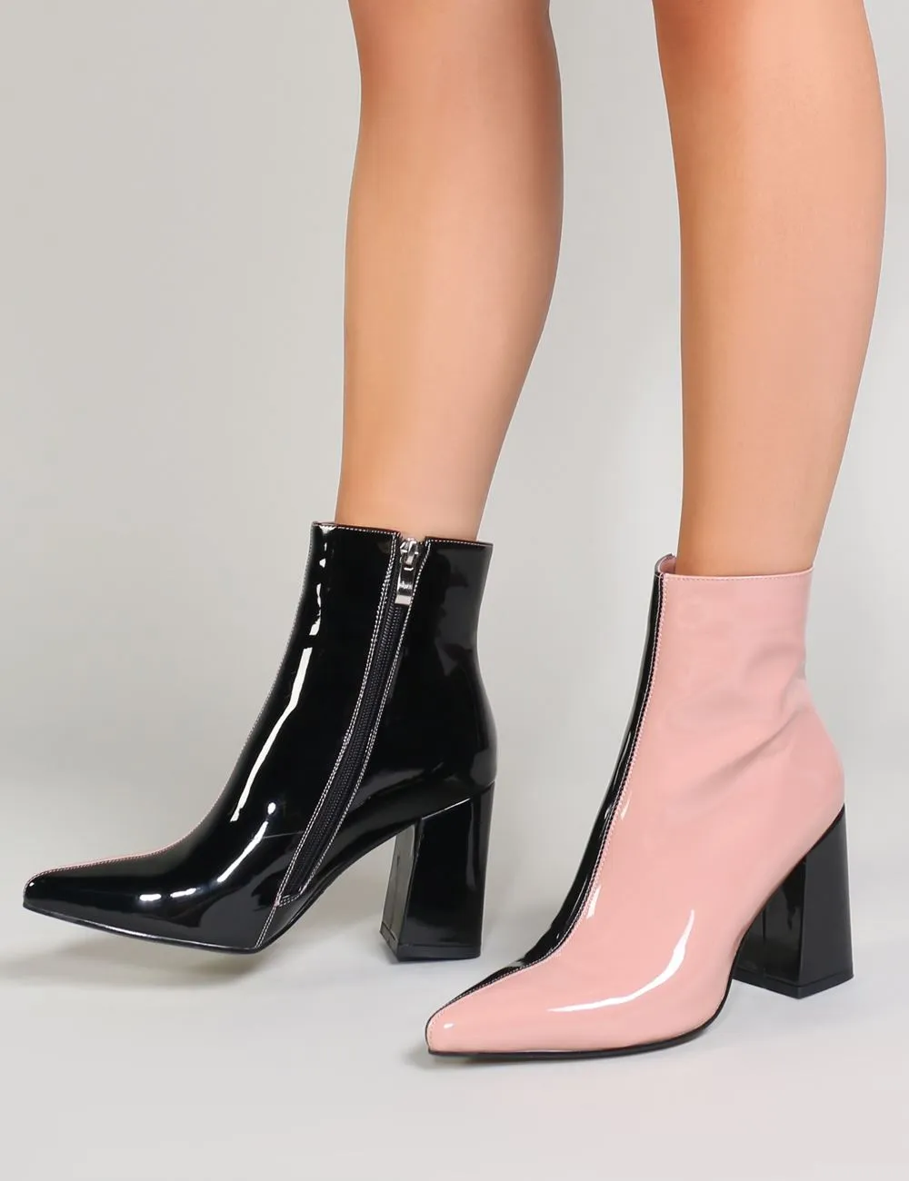 Chaos Two-Tone Pointed Toe Ankle Boots in Black and Pink Patent