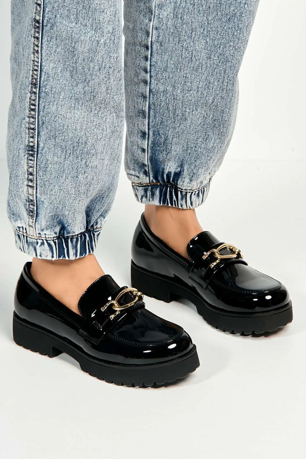 Cronnie Metal Link Detail Loafers in Black Patent