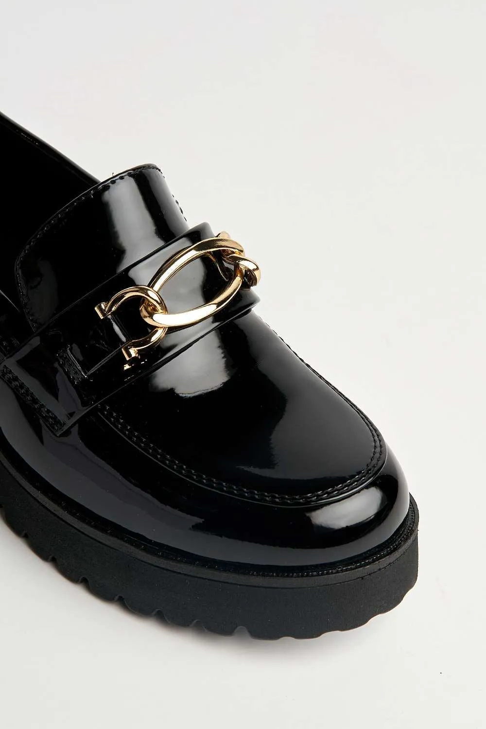 Cronnie Metal Link Detail Loafers in Black Patent