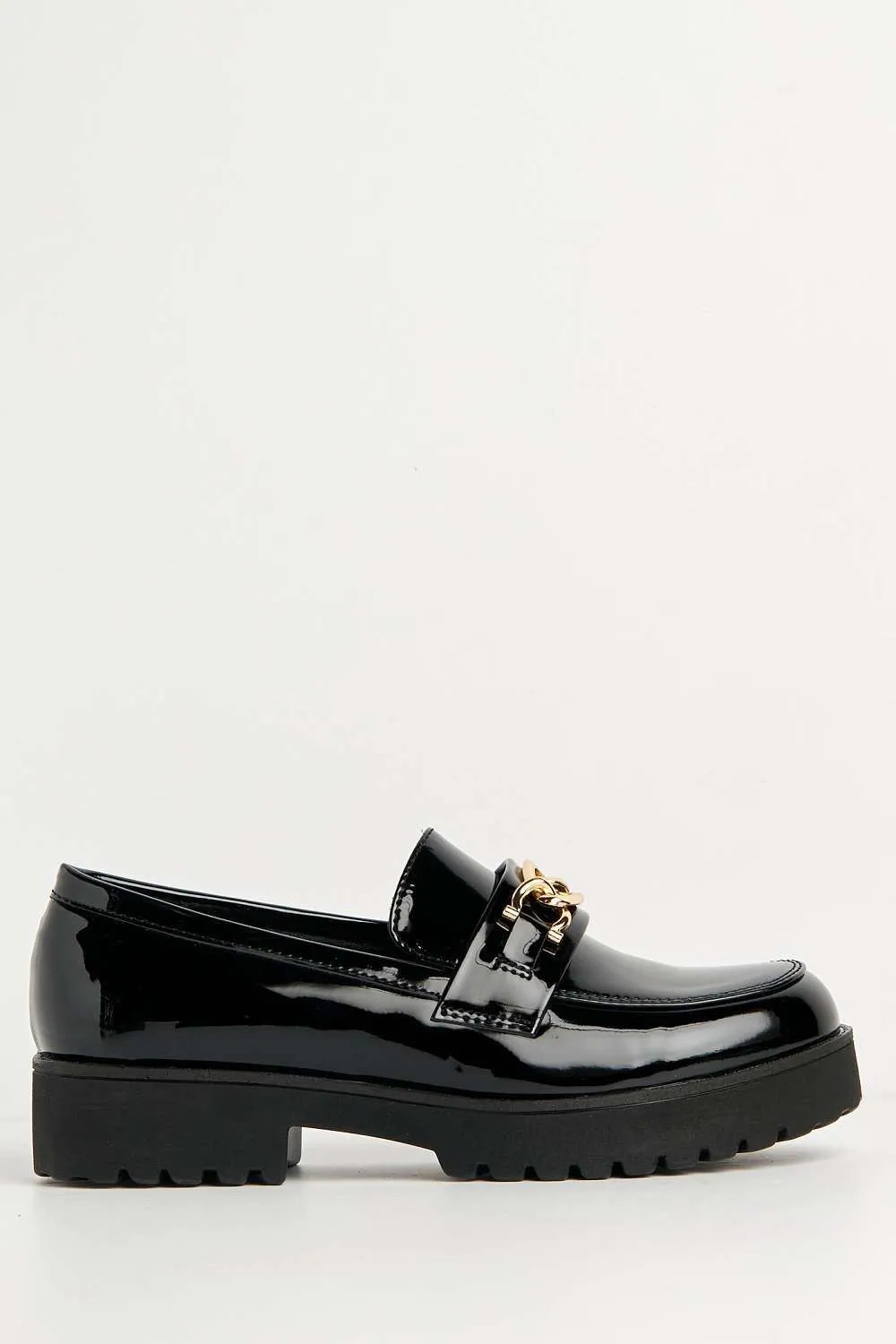 Cronnie Metal Link Detail Loafers in Black Patent