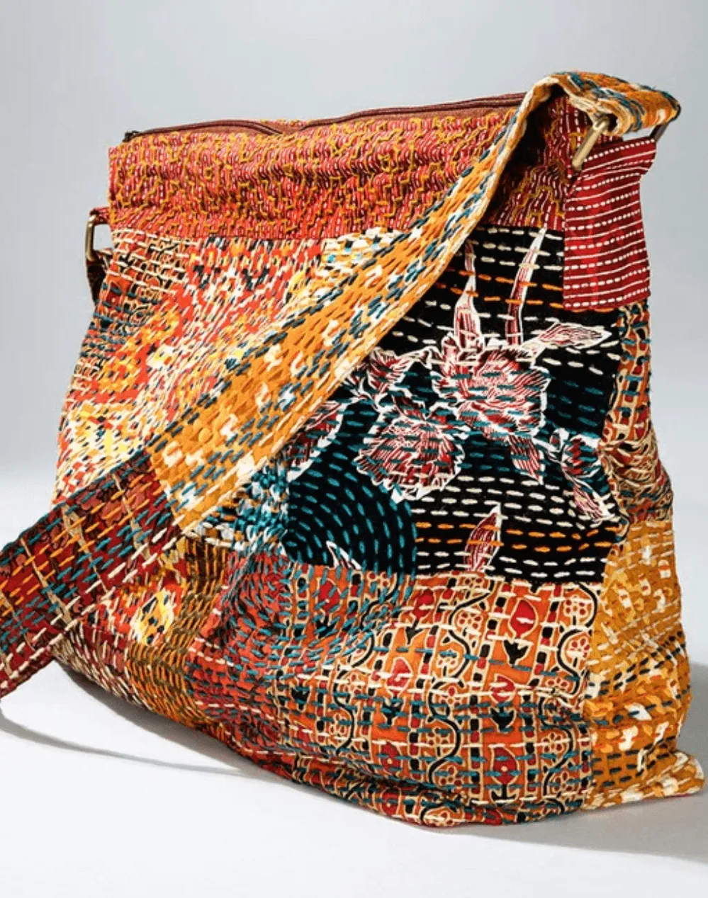 Embroidered large patchwork tote or hobo handbag