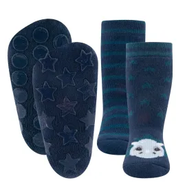 Ewers Navy Dino and Stripes Anti Slip Socks - Two Pairs 深藍間條&小恐龍粒粒防滑襪 2對 (可穿鞋) - (09-12m)