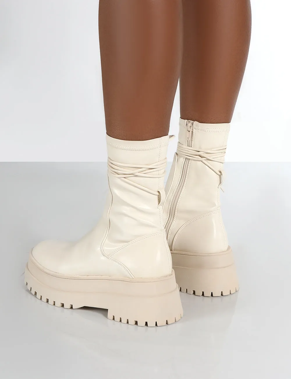 Finale Cream PU Chunky Wrap Around Boots