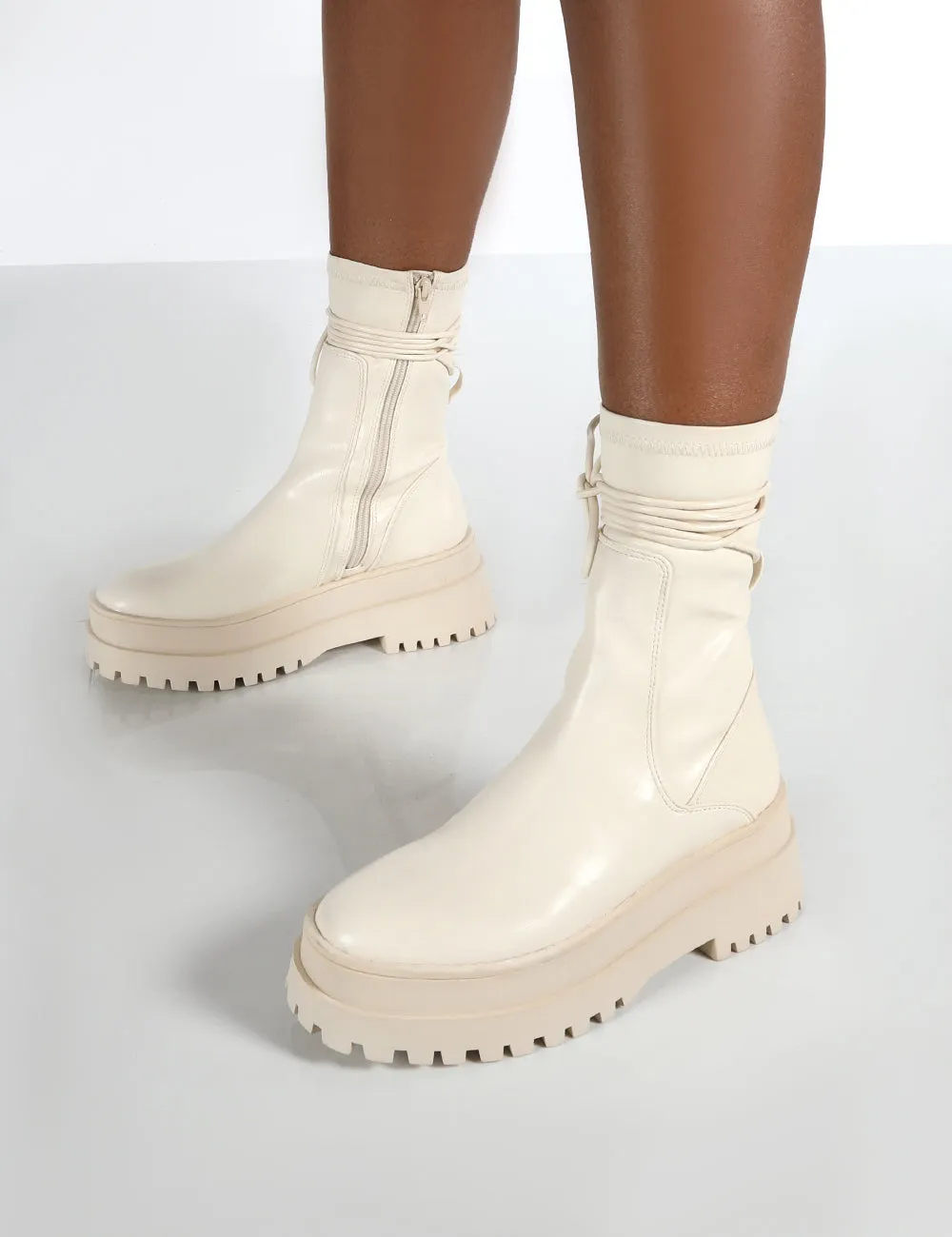 Finale Cream PU Chunky Wrap Around Boots