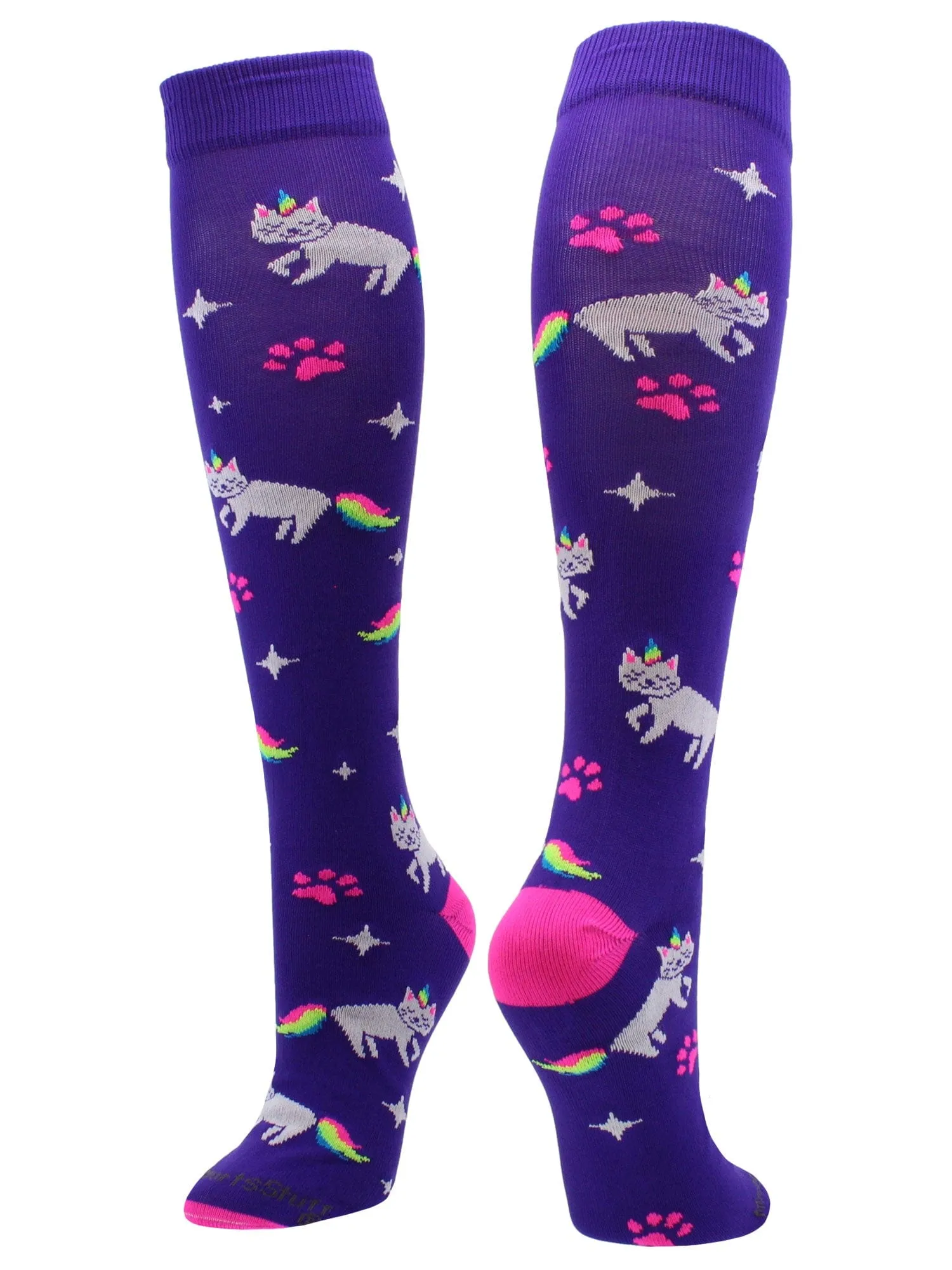 Half Cat Half Unicorn - Neon Rainbow Caticorn Athletic Over the Calf Socks