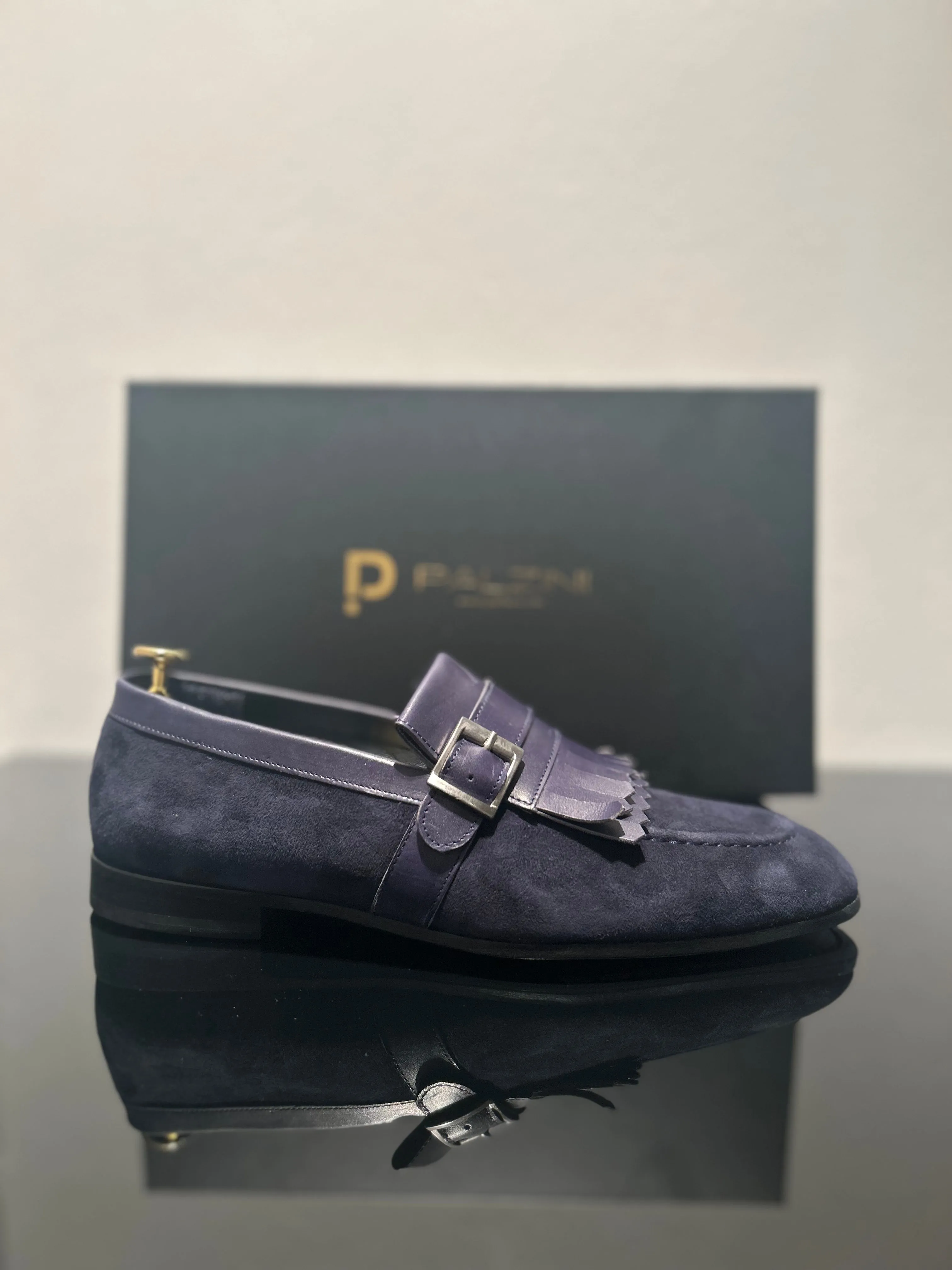 HANDMADE NAVY SUEDE SLIP-ON WITH STRAP & LEATHER DETAILING