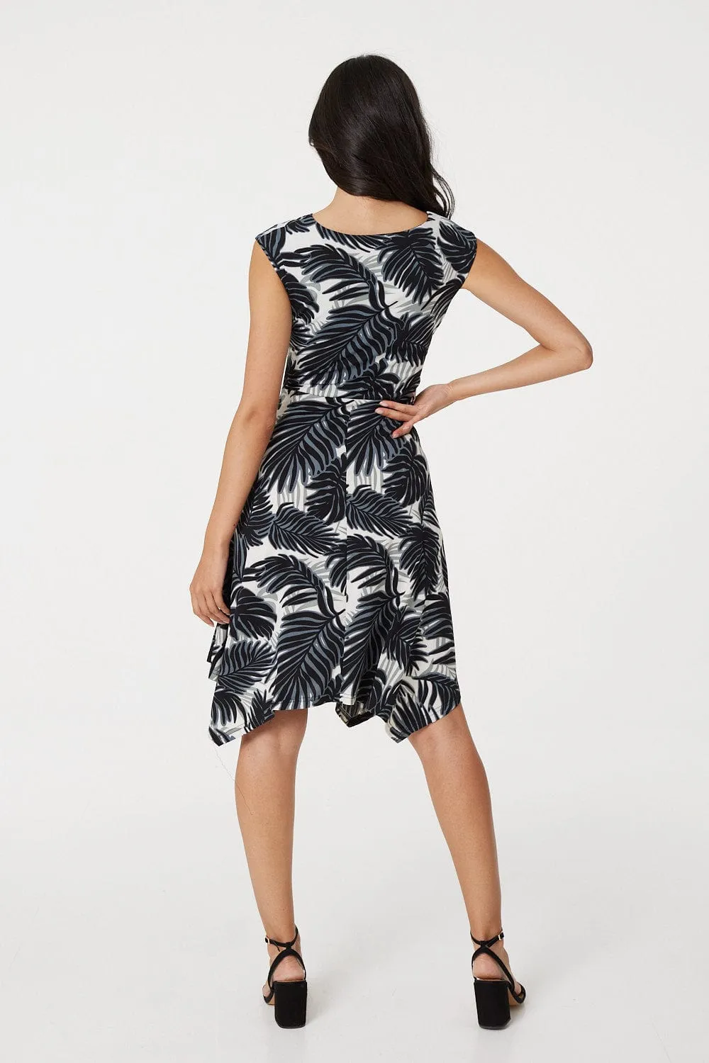 Leaf Print Knot Front Skater Dress