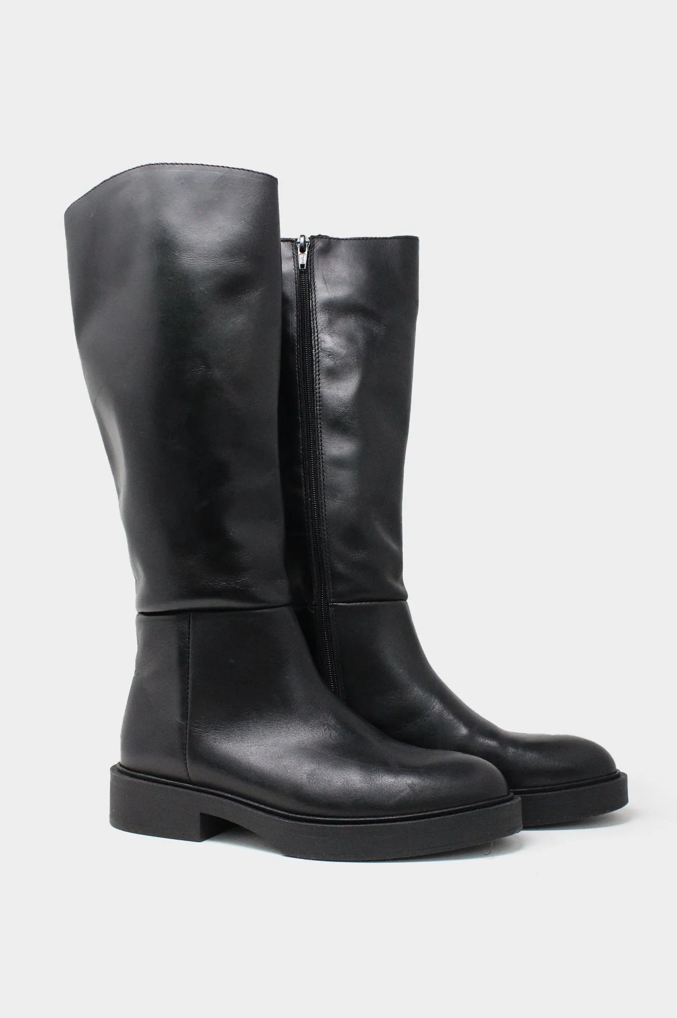 Leather Knee High Flat Boots | Black