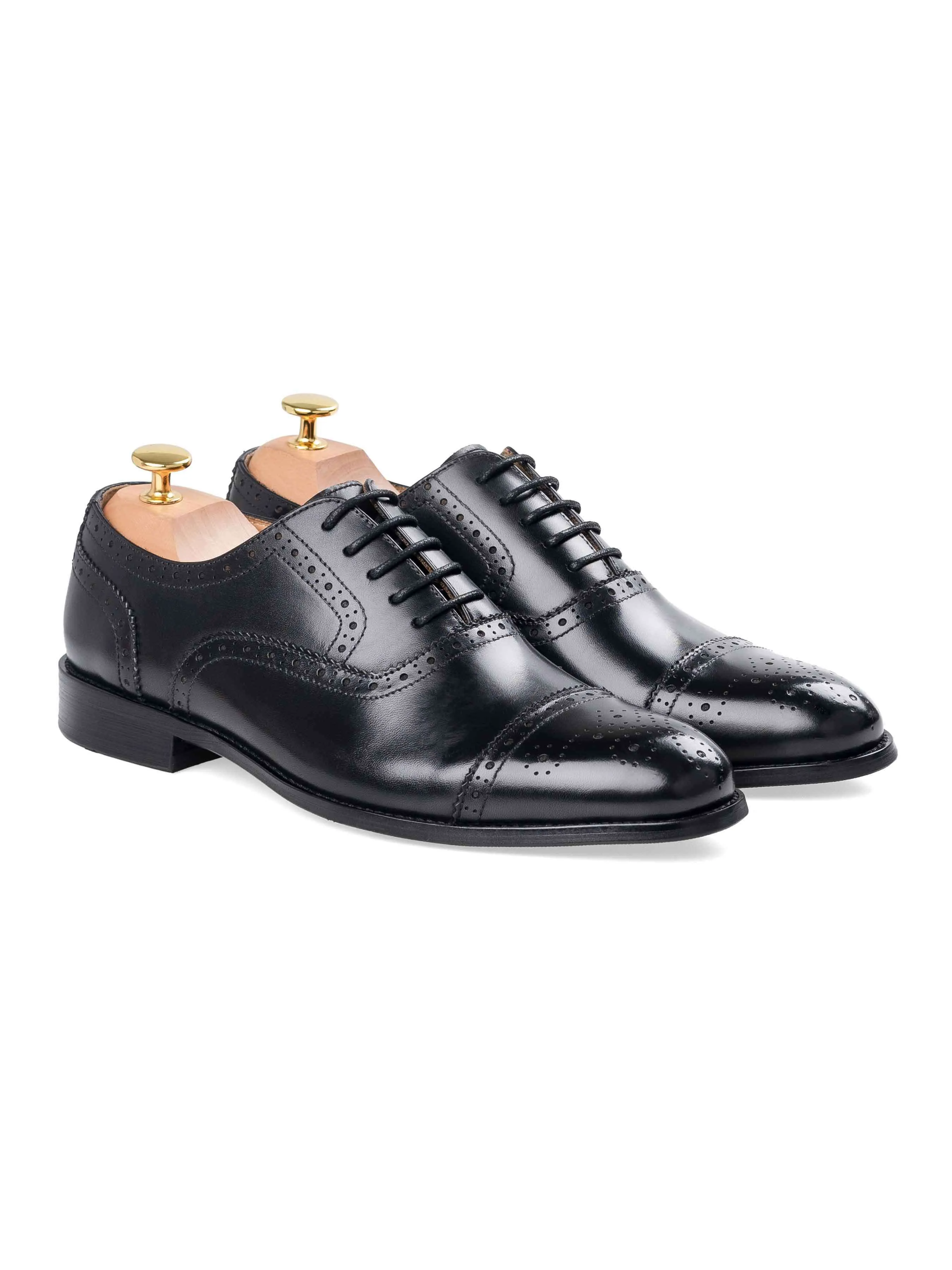 Oxford Cap Toe - Black Semi Brogue Lace Up (Wide)