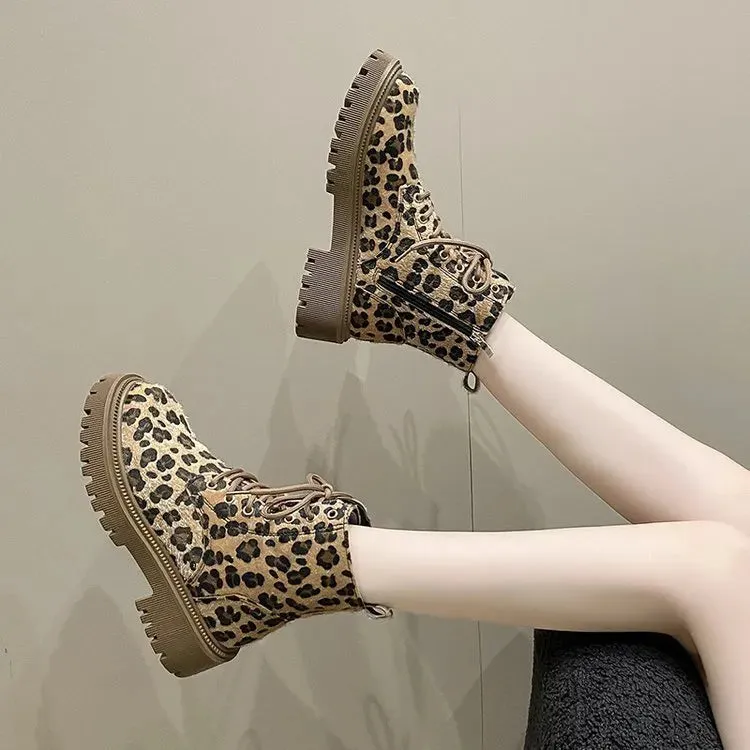 Plus Size Martin Boots Thick Bottom Leopard Print Lace-up