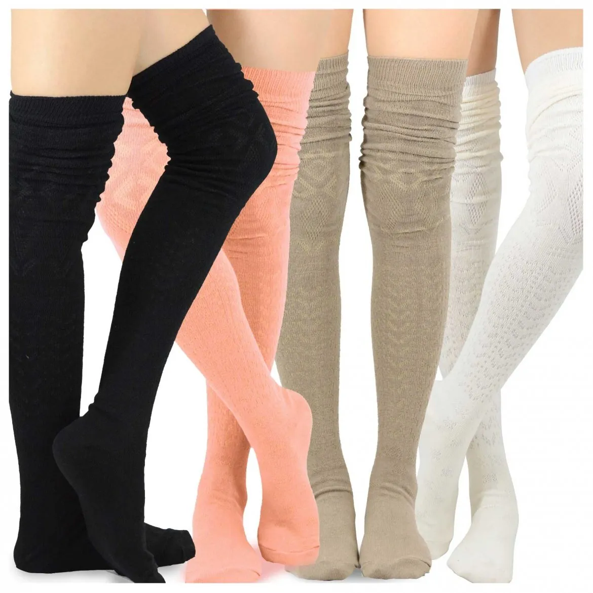 TeeHee Socks Women's Casual Cotton Thigh High Pointelle 4-Pack (11396)