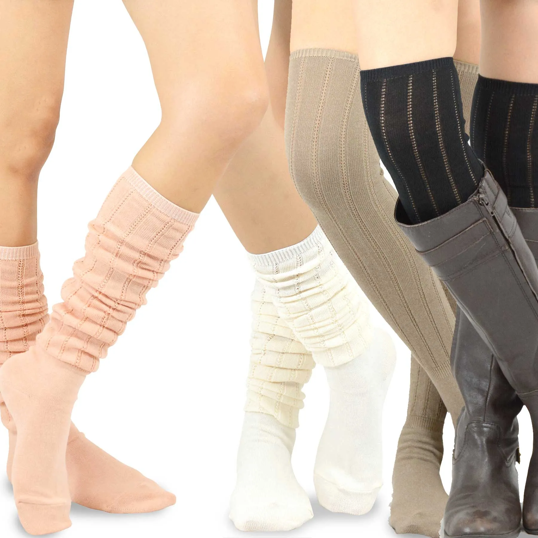 TeeHee Socks Women's Casual Polyester Over the Knee Pointelle Rib 4-Pack (11398)