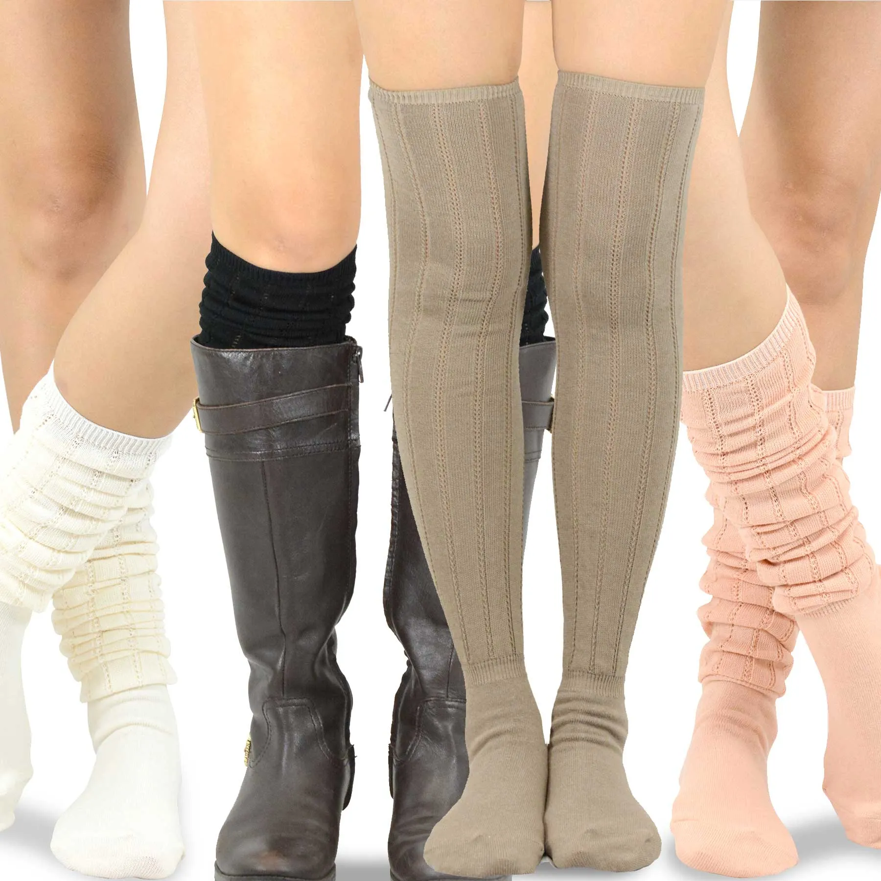 TeeHee Socks Women's Casual Polyester Over the Knee Pointelle Rib 4-Pack (11398)