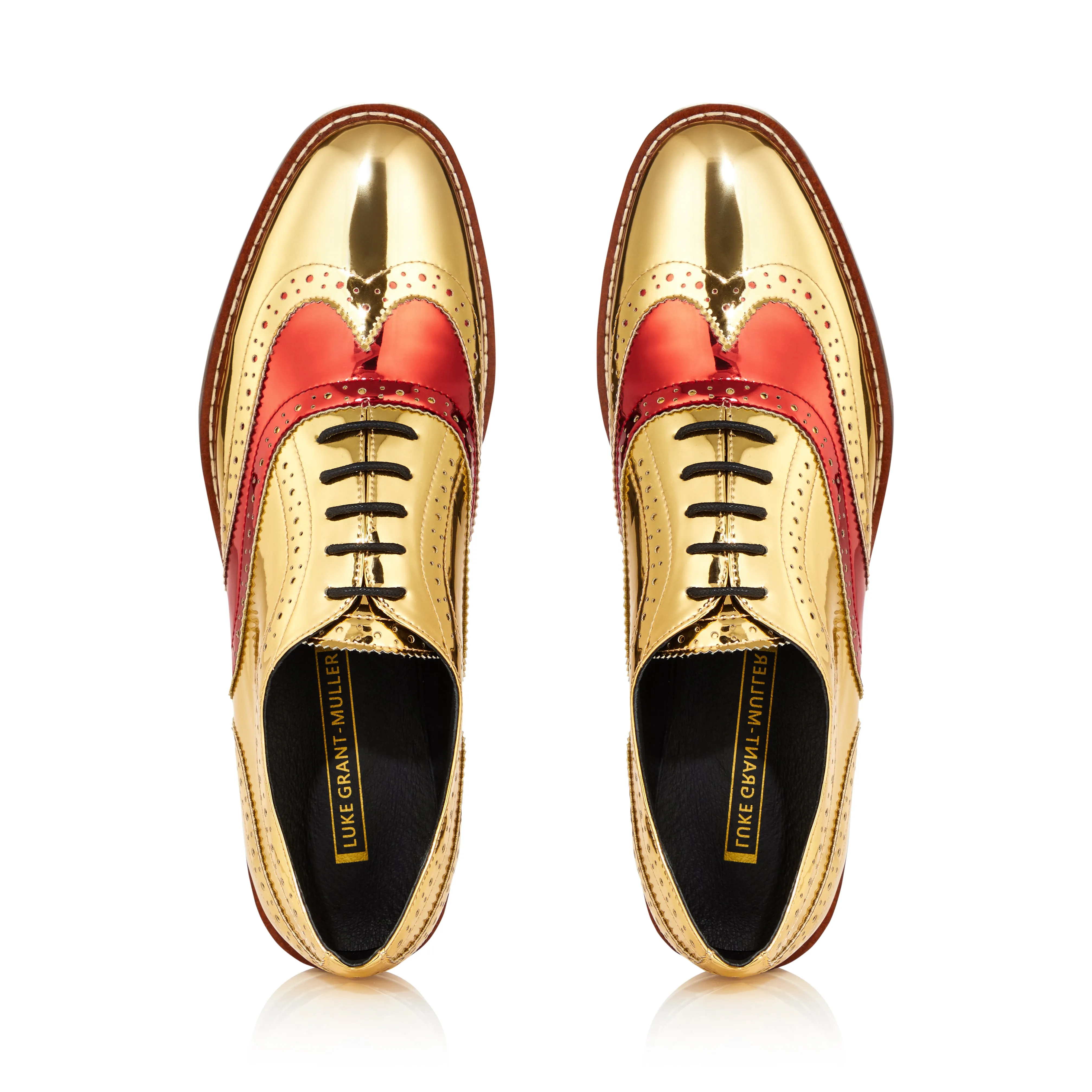 Two-Tone Red Vamp Gold Brogue Shoes