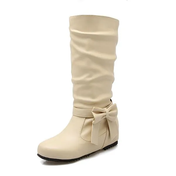 Women's Casual Bow-detailed Wedge Mid-calf Boots 83099628S