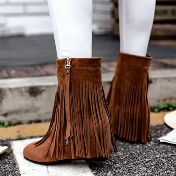 Women's Casual Retro Heightened Tassel Short Boots 17498465S