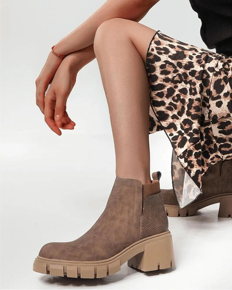 Women's Fashion Outdoor Solid Color Lace-up Chunky Heel Ankle Boots